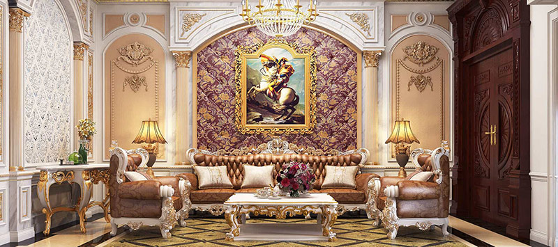 Bức tranh được đặt trên nền tường màu tím là điểm nhấn chính trong không gian phòng khách.